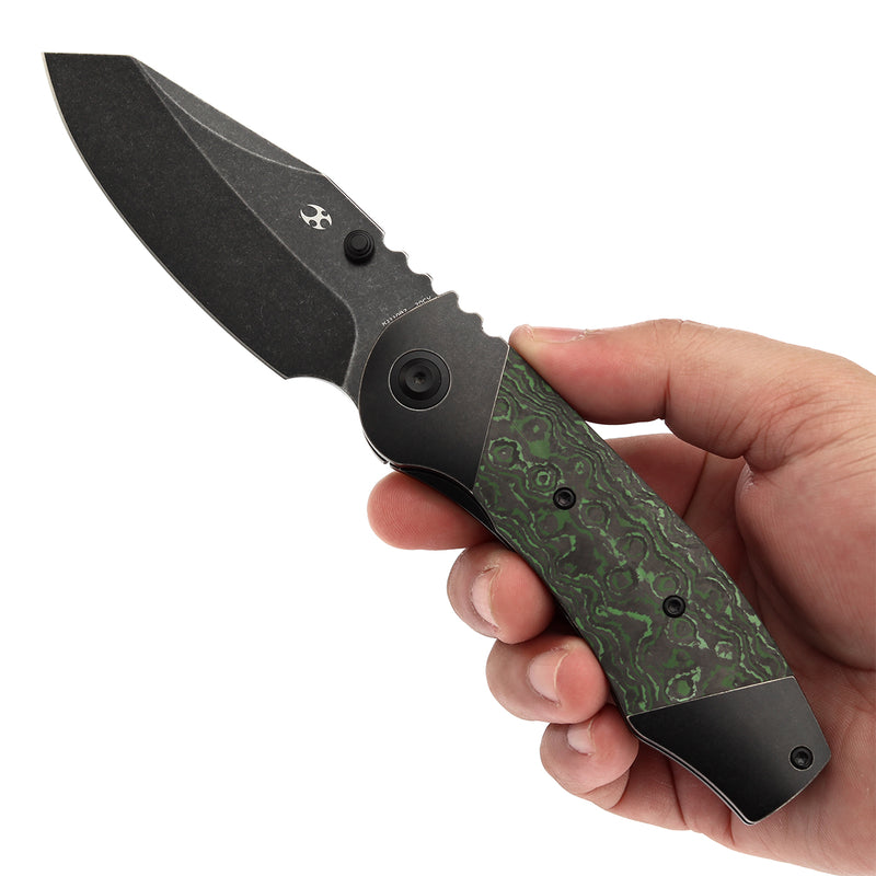 KANSEPT Caveman Thumb Stub Blackwash Titanium with Jungle Wear Fatcarbon Handle (3.57" CPM 20CV Blade) with Jesse Pauley Design-K1110B2