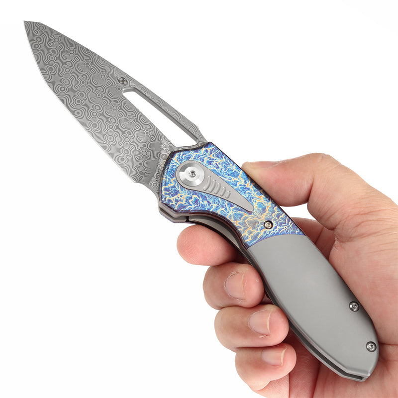 KANSEPT Thoth Thumb Hole Knife Bead Blasted Titanium and Lightning Strike Finished Titanium InlayHandle (3.43''Damascus Blade ) Sparrow Knife Co Design -K1075T5