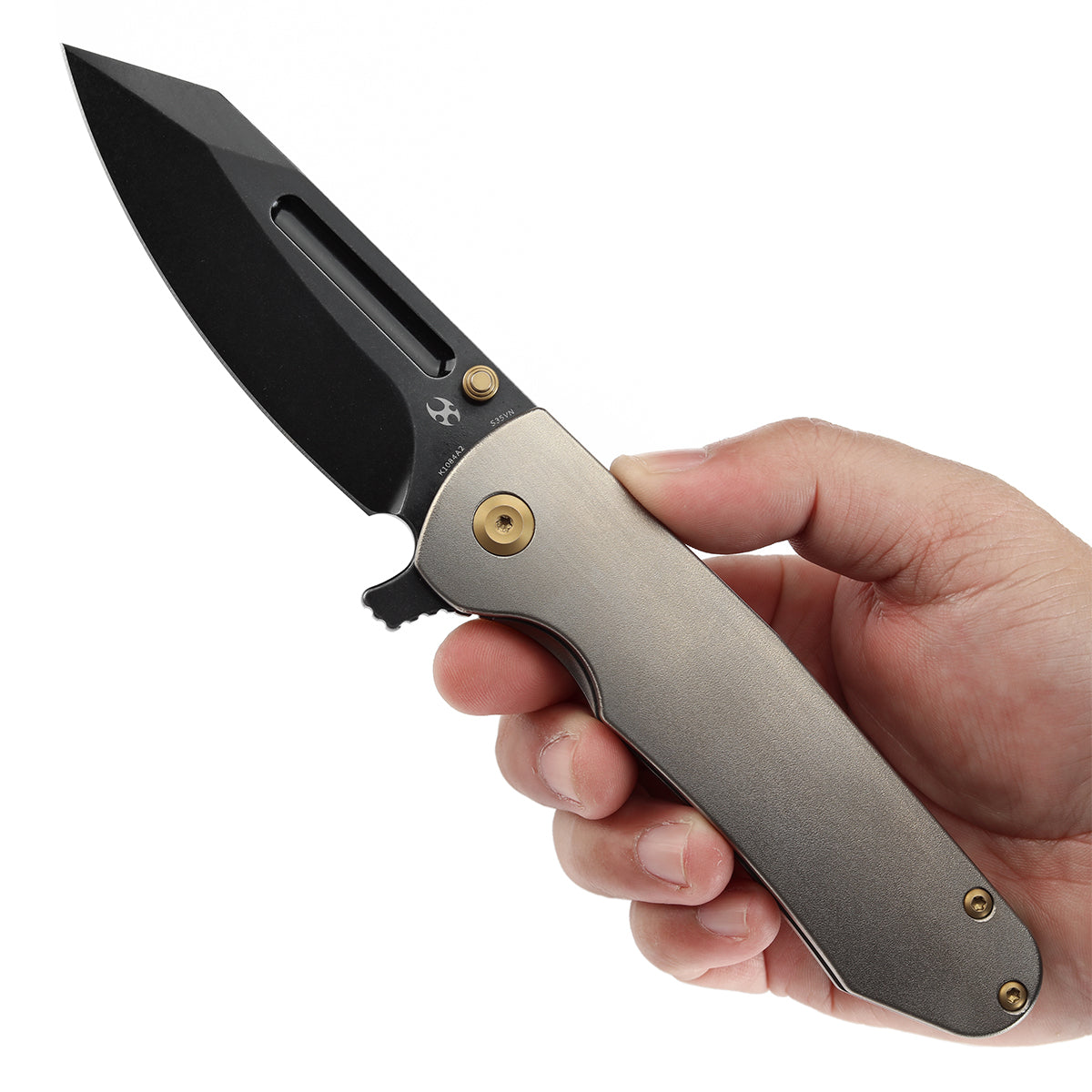 KANSEPT Superhawk Flipper Knife Titanium with Orange Peel