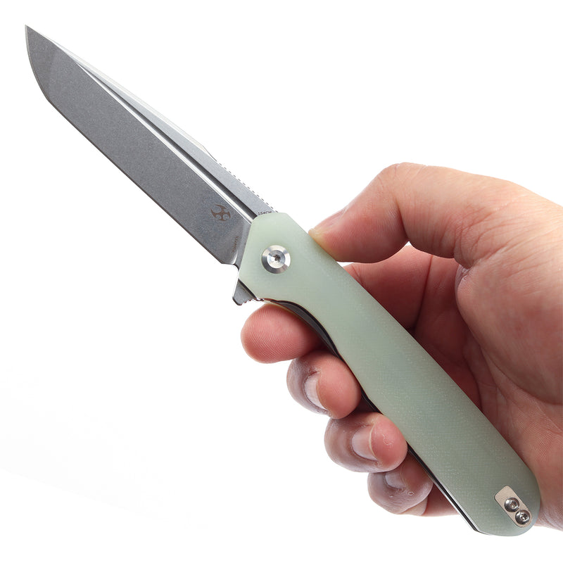 KANSEPT Qilin Flipper Jade G10 Handle (3.43''Stonewashed 154CM Blade Ostap Hel Design -T1047T5