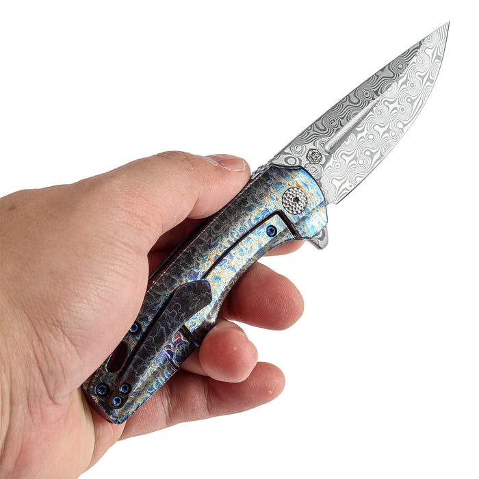 KANSEPT Cassowary Flipper Knife Titanium with Lightning Strike Finish Handle (2.9'' Damascus Blade) Koch Tools -K2065A3