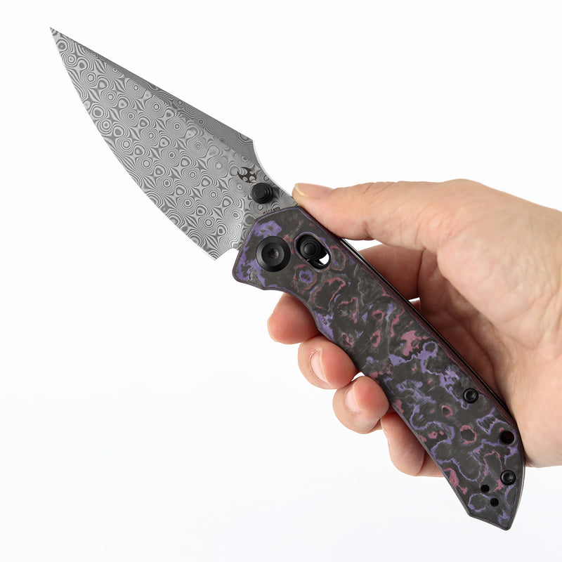 Kansept Fenrir | Crossbar Lock |  Purple Haze Fatcarbon | 3.48" Damascus Blade | Sparrow Knife Design | K1034V9
