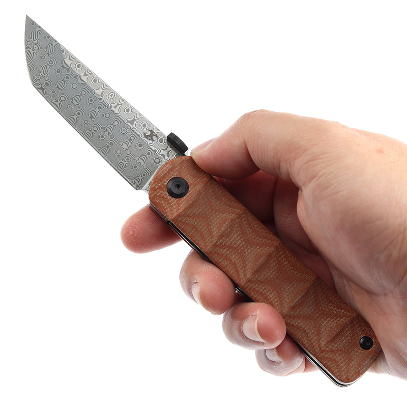 KANSEPT BTF Thumb Disc Knife Brown Micarta Handle (3.24'' Damascus Blade)Rolf Helbig-K1064A4