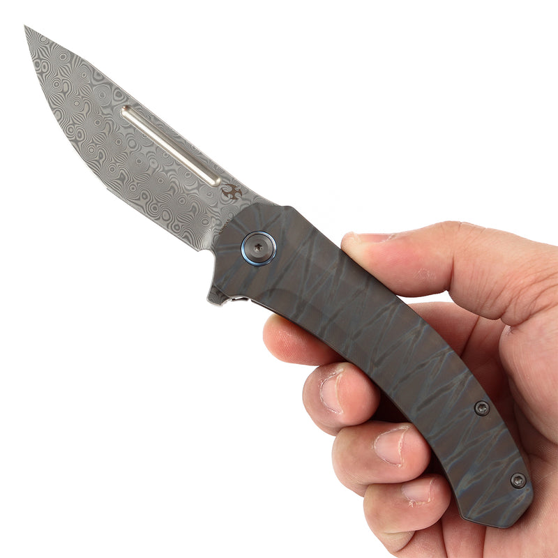 KANSEPT Hira Flipper Tiger Stripe Flamed Titanium Handle (3.46" Damascus Blade) with Marco Knives Design-K1090A5