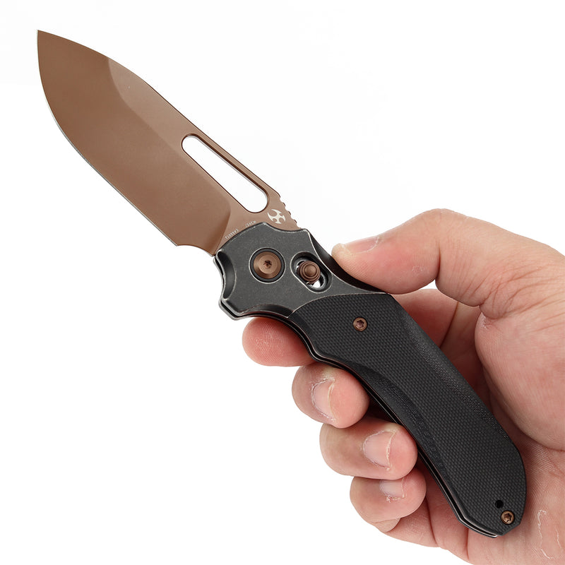 KANSEPT Quasar Cross Bar Lock Black G10 Handle (3.38" Dark Rose Gold Finished 154CM Blade) with Munko Knives Design-T1099V3