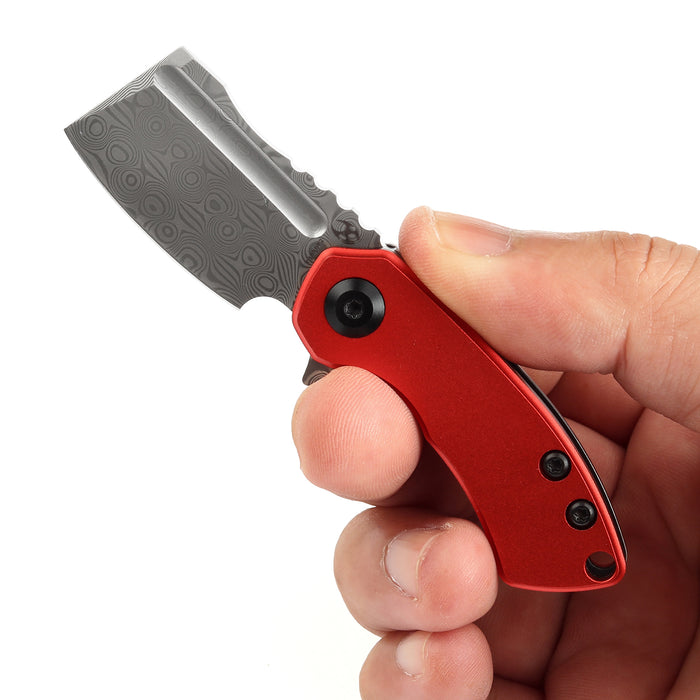 KANSEPT Mini Korvid  Flipper Knife Red Anodized Aluminum Handle (1.45'' Damascus Blade) Koch Tools Design-T3030P2