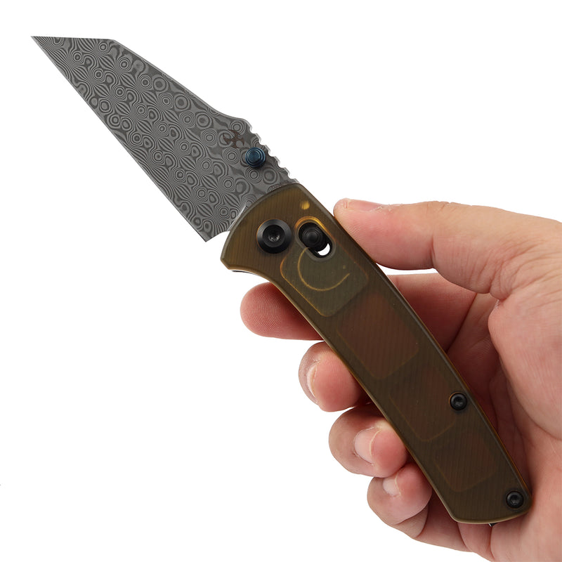 KANSEPT Main Street Thumb Studs/Crossbar Lock Knife Amber PEI/Ultem Handle (3.36''Damascus Blade) Dirk Pinkerton Design-T1015V12