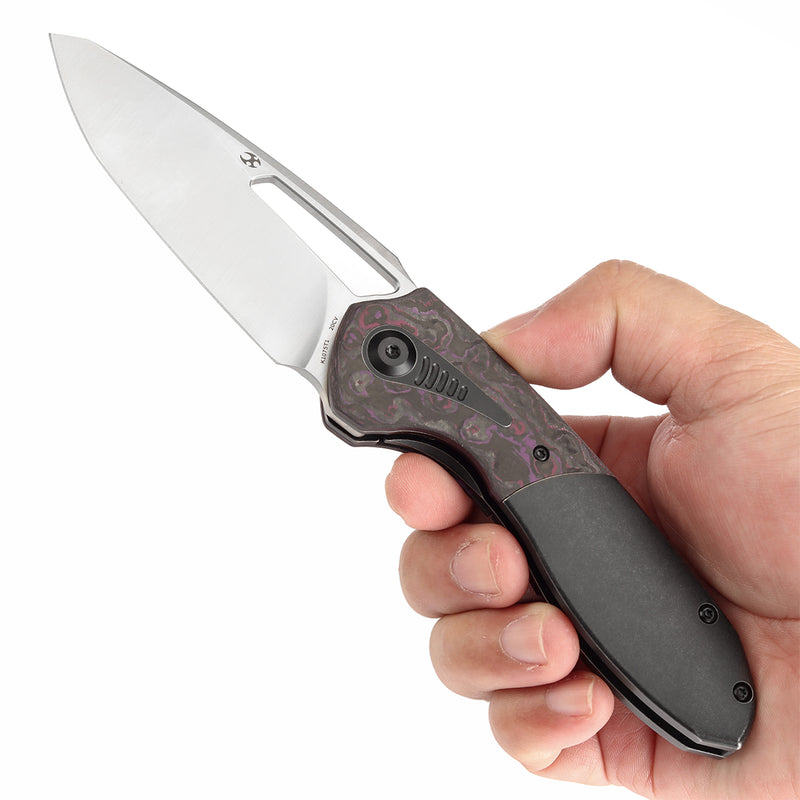 KANSEPT Thoth Thumb Hole Knife Blackwash Titanium and Purple Haze Carbon Fiber Handle (3.43''CPM 20CV Blade ) Sparrow Knife Co Design -K1075T1