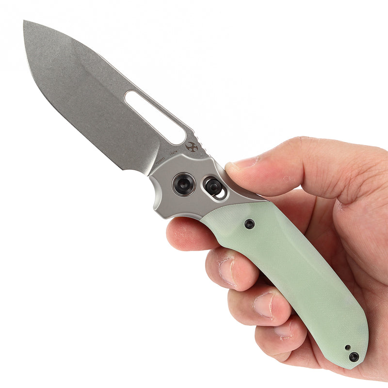 KANSEPT Quasar Cross Bar Lock Jade G10 Handle (3.38" 154CM Blade) with Munko Knives Design-T1099V1