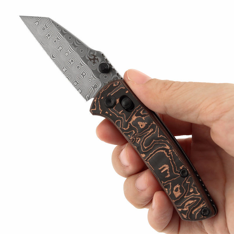 KANSEPT Little Main Street Cross Bar Lock Copper Carbon Fiber Handle (2.26'' Damascus Blade) Dirk Pinkerton Design-K2015V5
