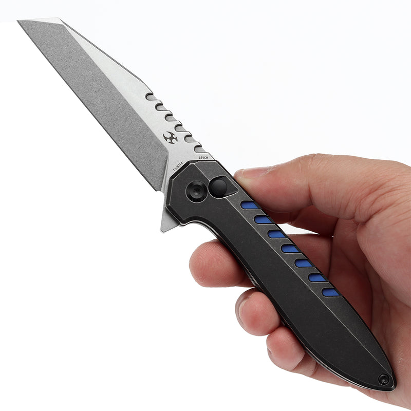 KANSEPT Kosame Button Lock Blackwash Titanium with Blue G10 Inlay (3.37" 154CM Blade) with EI Spade Design-T1093F4