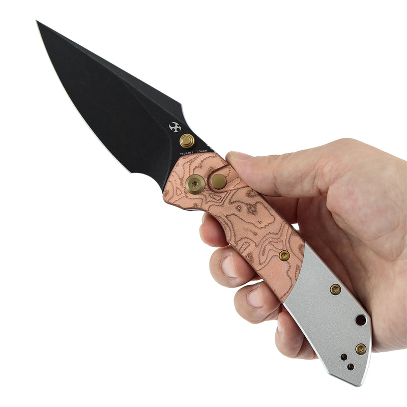 KANSEPT Fenrir Button Lock G-10 with Copper Foil Handle (3.45'' Blackwash 154CM Blade) Sparrow Knife Designed- T1034B2