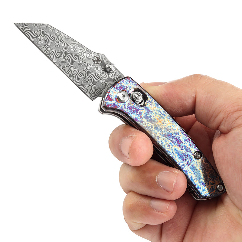 KANSEPT Little Main Street Cross Bar Lock Titanium with Lightning Strike Finish Handle (2.26'' Damascus Blade) Dirk Pinkerton Design K2015V1