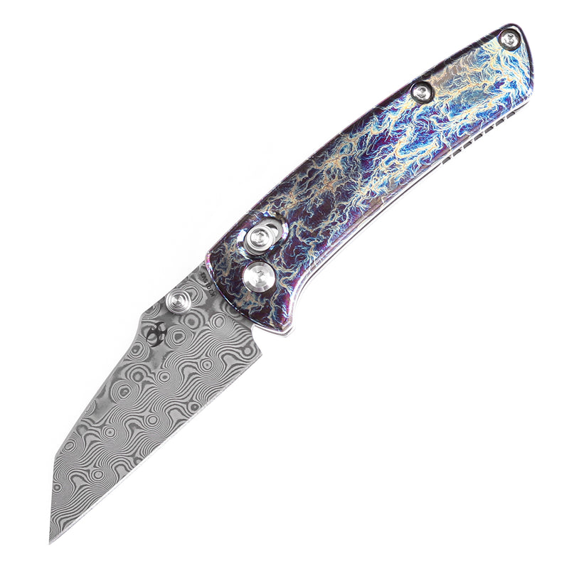 KANSEPT Little Main Street Cross Bar Lock Titanium with Lightning Strike Finish Handle (2.26'' Damascus Blade) Dirk Pinkerton Design K2015V1
