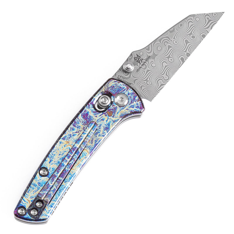 KANSEPT Little Main Street Cross Bar Lock Titanium with Lightning Strike Finish Handle (2.26'' Damascus Blade) Dirk Pinkerton Design K2015V1