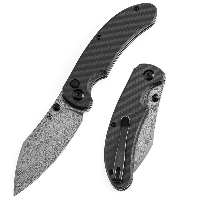 KANSEPT Nesstreet Button Lock Twill Carbon Fiber Handle(3.58" Damascus Blade) with Karambit Maker design-K1039F6