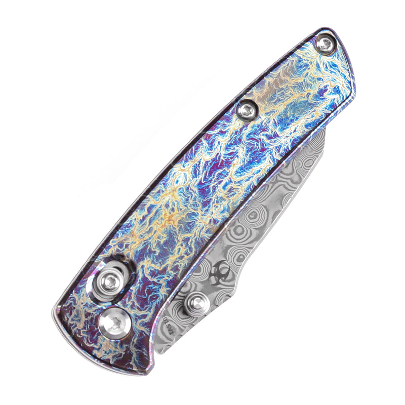 KANSEPT Little Main Street Cross Bar Lock Titanium with Lightning Strike Finish Handle (2.26'' Damascus Blade) Dirk Pinkerton Design K2015V1