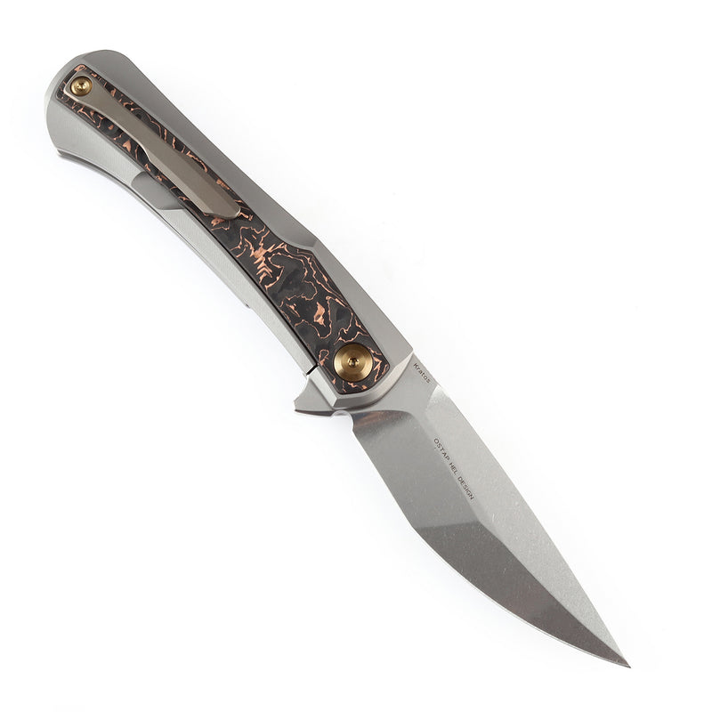 KANSEPT Kratos Flipper Knife Titanium + Copper Carbon Fiber Inlay Handle (3.79"CPM-S35VN Blade)Ostap Hel Design-K1024A7