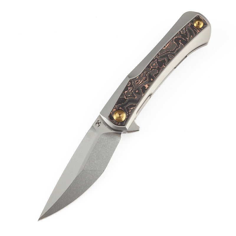 KANSEPT Kratos Flipper Knife Titanium + Copper Carbon Fiber Inlay Handle (3.79"CPM-S35VN Blade)Ostap Hel Design-K1024A7