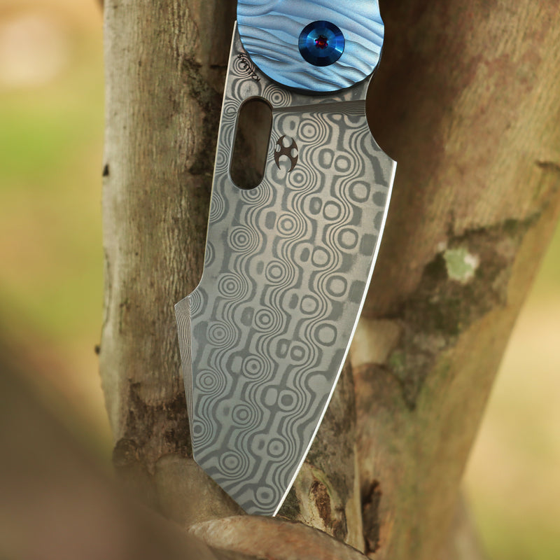 KANSEPT Orlok Thumb Hole Blue Anodized Titanium with Micro Rock Texture(3.03" Damascus) Terry Cour II Design- K2111A5