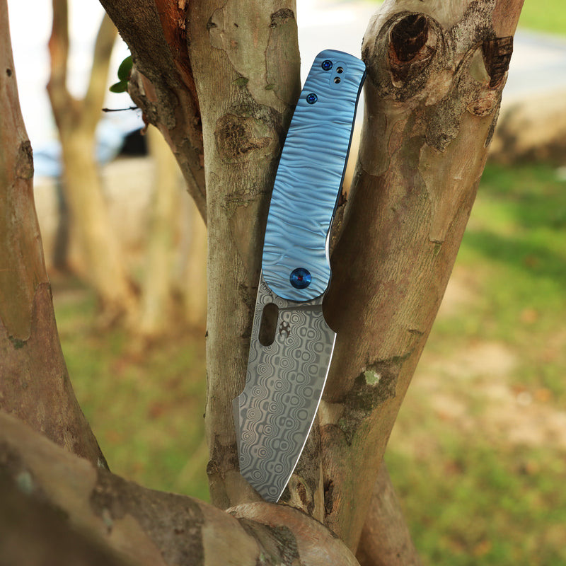 KANSEPT Orlok Thumb Hole Blue Anodized Titanium with Micro Rock Texture(3.03" Damascus) Terry Cour II Design- K2111A5
