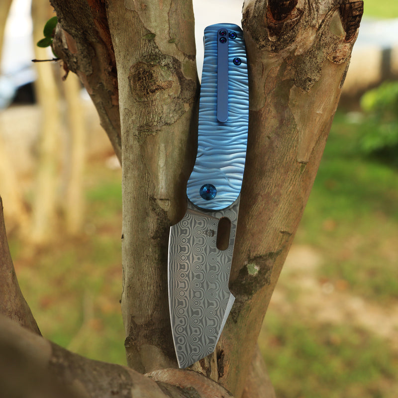 KANSEPT Orlok Thumb Hole Blue Anodized Titanium with Micro Rock Texture(3.03" Damascus) Terry Cour II Design- K2111A5
