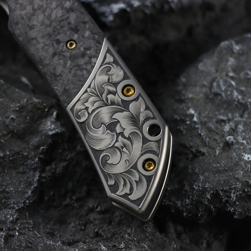 KANSEPT Special Custom Hand Engraved Fenrir Beadblasted Titanium and Shred Carbon Fiber Handle (3.48'' Damascus Blade) Greg Schob Design