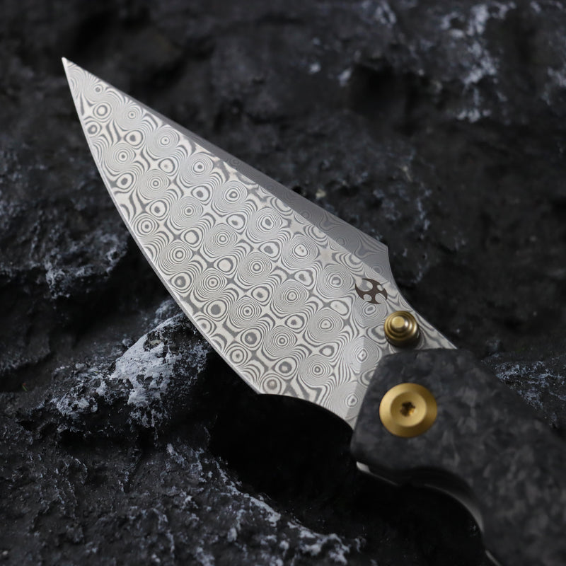 KANSEPT Special Custom Hand Engraved Fenrir Beadblasted Titanium and Shred Carbon Fiber Handle (3.48'' Damascus Blade) Greg Schob Design