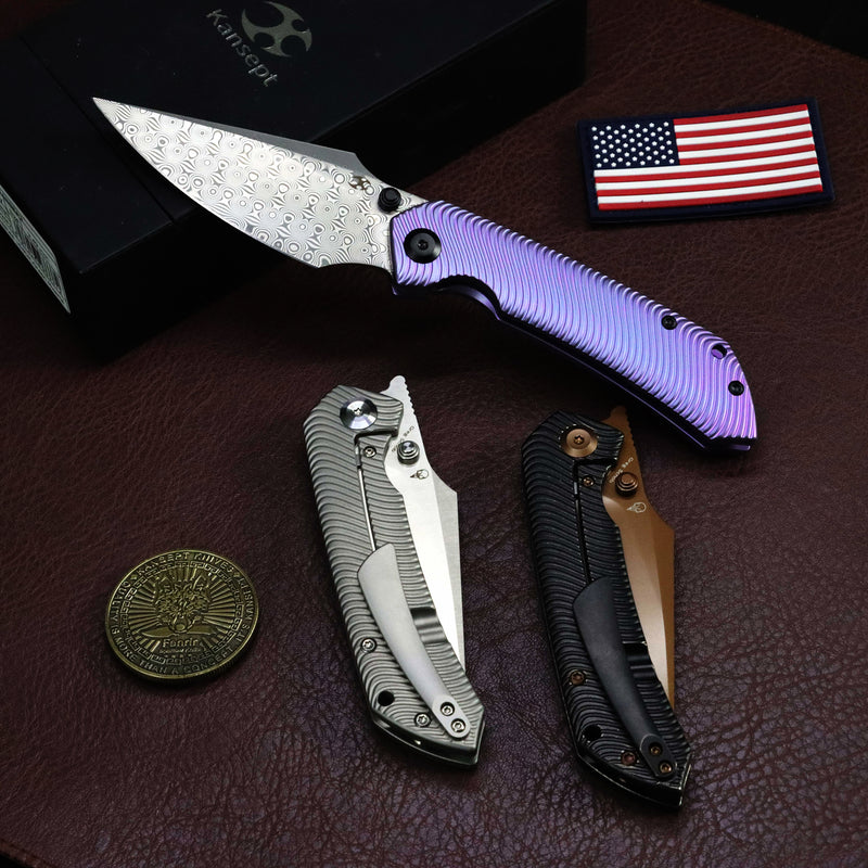 【Preorder】Ship by Dec.20th-KANSEPT Fenrir Frame Lock Purple Anodized Titanium with Micro Milled Water Ripple Texture Handle (3.48'' Damascus Blade) Sparrow Knife Designed- K1034C5