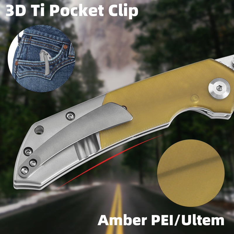 KANSEPT Fenrir Front Flipper/Thumb Stud Knife Plain Titanium + Amber PEI/Ultem Handle (3.48''CPM S35VN Blade) Greg Schob Design -K1034P1