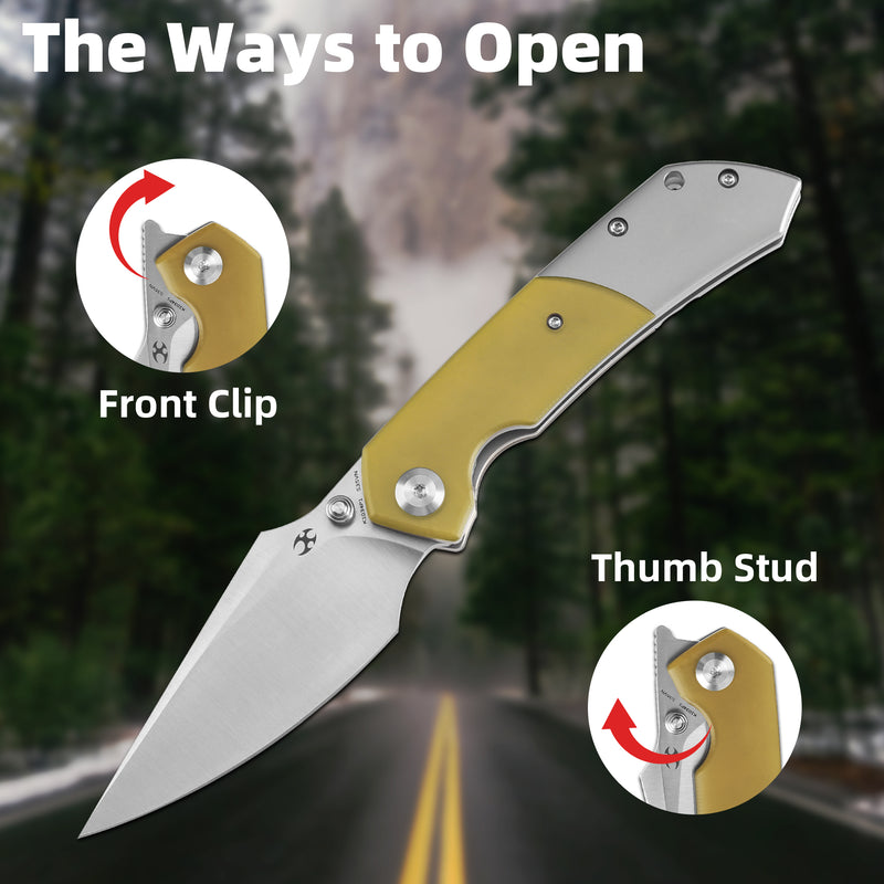 KANSEPT Fenrir Front Flipper/Thumb Stud Knife Plain Titanium + Amber PEI/Ultem Handle (3.48''CPM S35VN Blade) Greg Schob Design -K1034P1