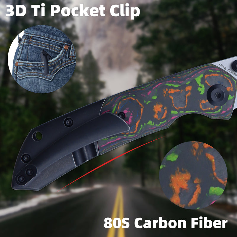 KANSEPT Fenrir Front Flipper/Thumb Stud Knife Blackwash Titanium and 80S Carbon Fiber Handle (3.48''CPM-S35VN Blade) Greg Schob Design -K1034S1