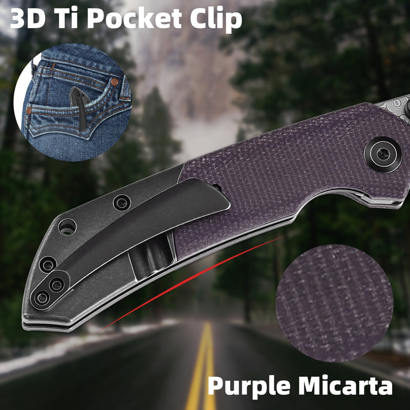 KANSEPT Fenrir Front Flipper/Thumb Stud Knife Blackwash Titanium and Purple Micarta Handle (3.48''Damascus Blade) Greg Schob Design -K1034Z2