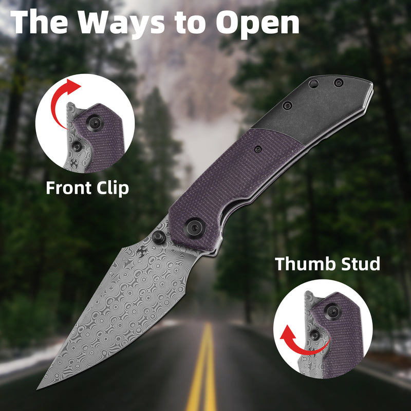 KANSEPT Fenrir Front Flipper/Thumb Stud Knife Blackwash Titanium and Purple Micarta Handle (3.48''Damascus Blade) Greg Schob Design -K1034Z2