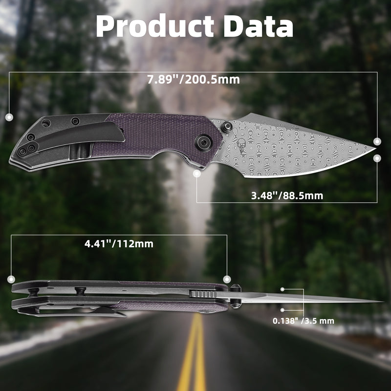 KANSEPT Fenrir Front Flipper/Thumb Stud Knife Blackwash Titanium and Purple Micarta Handle (3.48''Damascus Blade) Greg Schob Design -K1034Z2