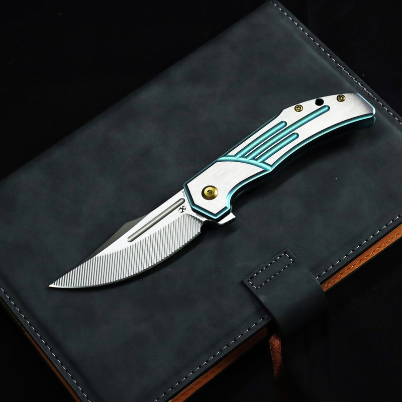 KANSEPT Orion Limited Version Flipper Green Anodized and Machine Satin Titanium Handle (3.07" Machine Satin CPM S35VN with CNC Milling Blade) JB Stout Design-K1089B4