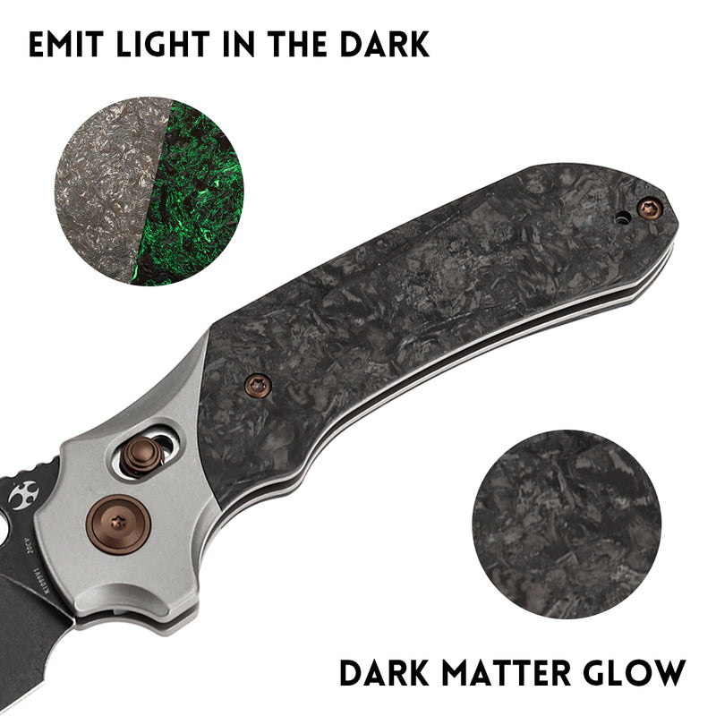KANSEPT Quasar Cross Bar Lock Stonewashed Titanium with Dark Matter Glow FatCarbon Handle (3.38" CPM 20CV Blade) with Munko Knives Design-K1099V1