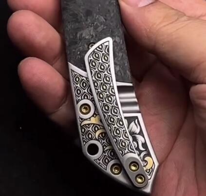 KANSEPT Special Custom Hand Engraved Fenrir Beadblasted Titanium and Shred Carbon Fiber Handle (3.48'' Damascus Blade) Greg Schob Design
