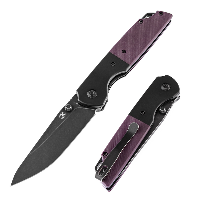 Warrior T1005S6 Black TiCn Coated and Stonewashed Drop Point D2 Blade Black Anodized Aluminum Bolster +Purple  G10 Handle with Kim Ning Design