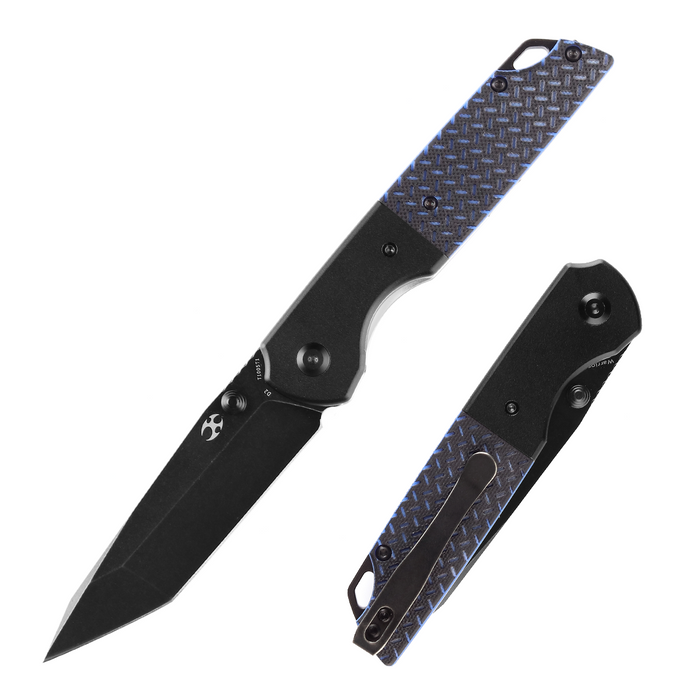 Warrior T1005T1 Black TiCn Coated and Stonewashed Tanto D2 Blade Black Anodized Aluminum Bolster + Black and Blue G10 Handle with Kim Ning Design
