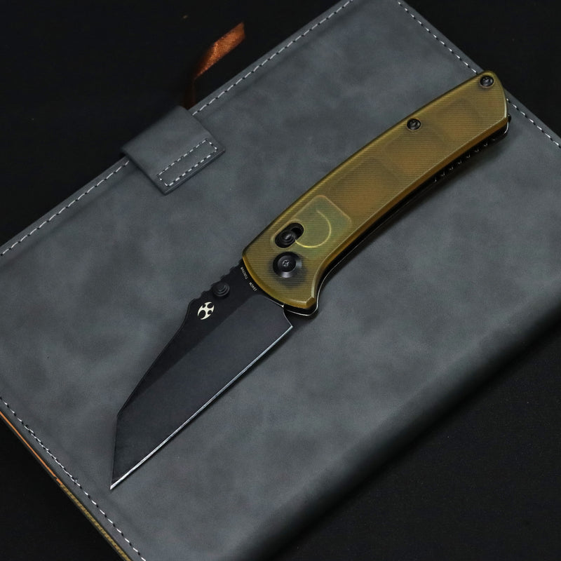 KANSEPT Main Street Thumb Studs/ Crossbar Lock Knife Light Brown Acrylic Handle (3.36'' 154CM Blade) Dirk Pinkerton Design-T1015V8