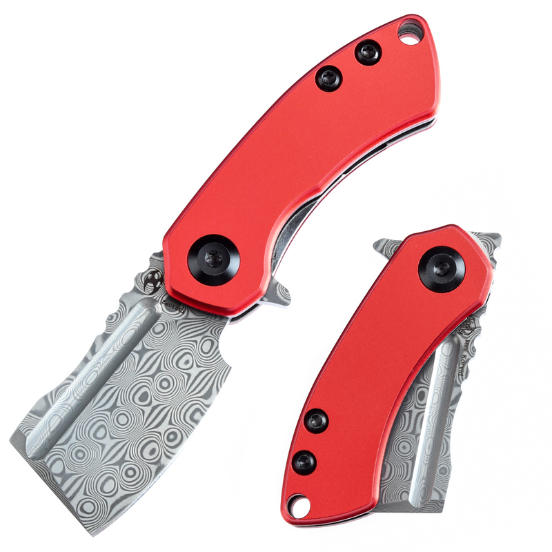 KANSEPT Mini Korvid  Flipper Knife Red Anodized Aluminum Handle (1.45'' Damascus Blade) Koch Tools Design-T3030P2