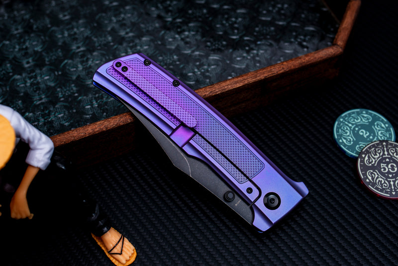 KANSEPT Bison Thumb Stub Purple Anodized Titanium with Frag Pattern Handle 4.25" CPM S35VN Blade) with Ray Laconico Knives Design-K1108A5
