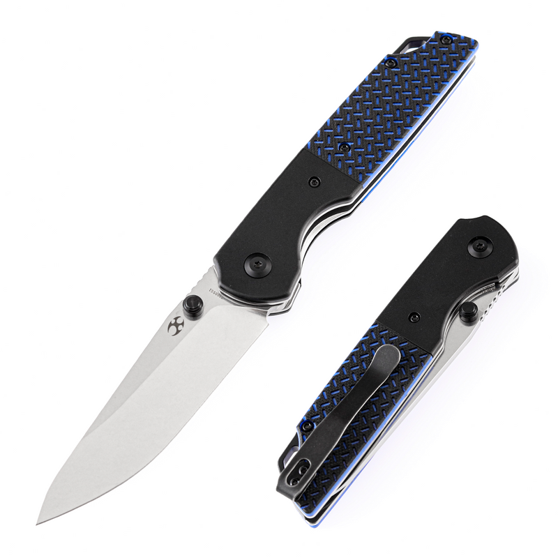 KANSEPT Warrior T1005S1 Stonewashed Drop Point D2 Blade Black Anodized Aluminum Bolster + Black and Blue G10 Handle with Kim Ning Design