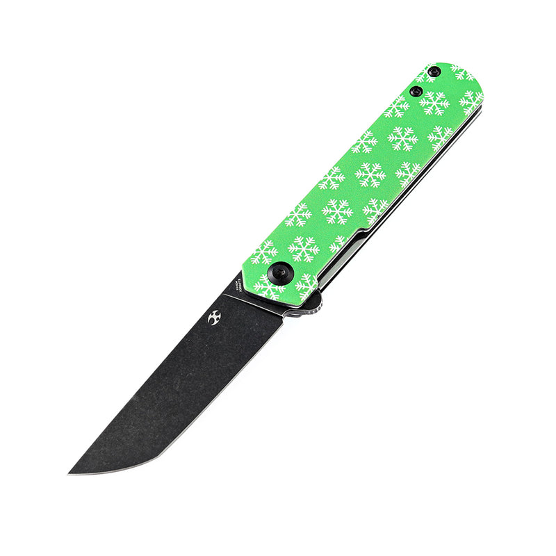 KANSEPT Foosa X2020T5 Black TiCn Coated 154CM Blade Liner Lock Folder Green G10 Handle with Snowflake Print Rolf Helbig Design Limited Edition