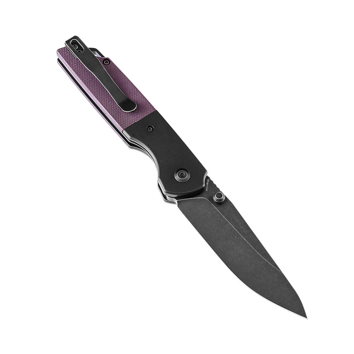 Warrior T1005S6 Black TiCn Coated and Stonewashed Drop Point D2 Blade Black Anodized Aluminum Bolster +Purple  G10 Handle with Kim Ning Design