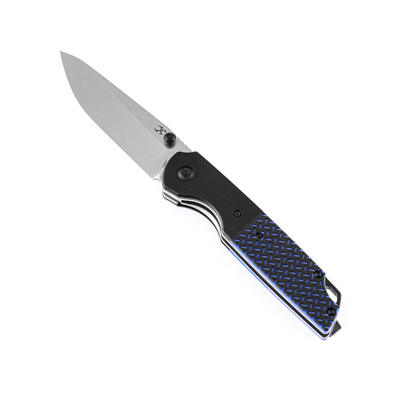 KANSEPT Warrior T1005S1 Stonewashed Drop Point D2 Blade Black Anodized Aluminum Bolster + Black and Blue G10 Handle with Kim Ning Design