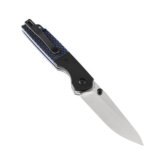 Warrior T1005S1 Stonewashed Drop Point D2 Blade Black Anodized Aluminum Bolster + Black and Blue G10 Handle with Kim Ning Design
