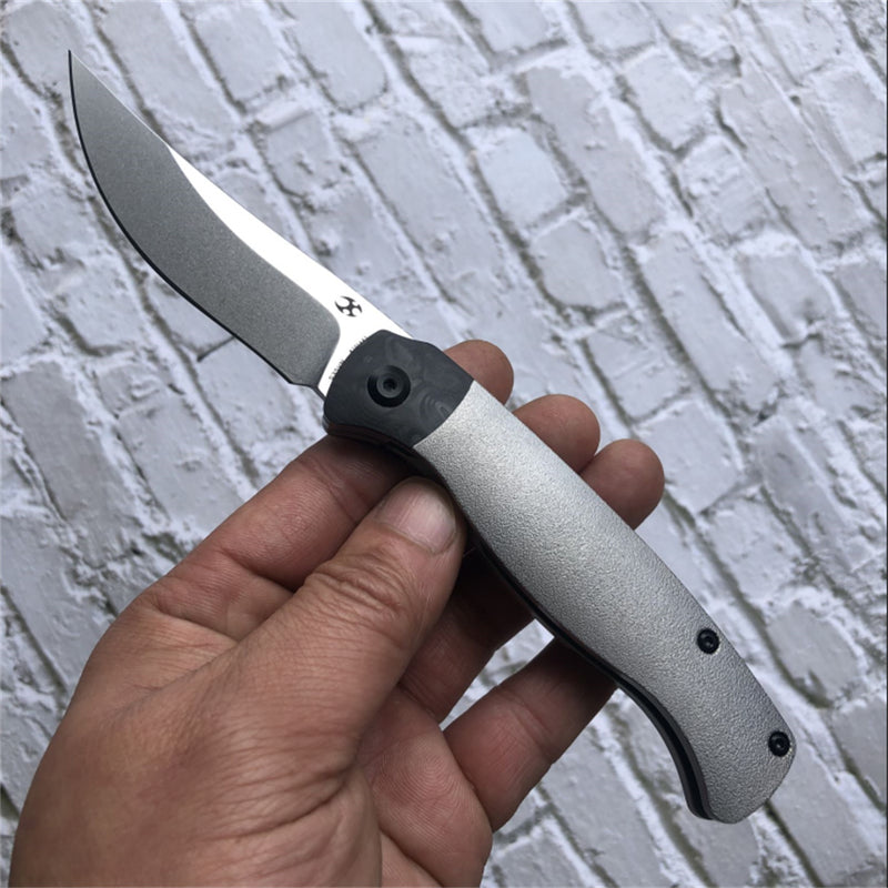 KANSEPT Mujir Front Flipper Knife Orange Peel Titanium with Carbon Fiber Inlay Handle (3.3''CPM-S35VN Blade) Dirk Pinkerton Design-K1014A2