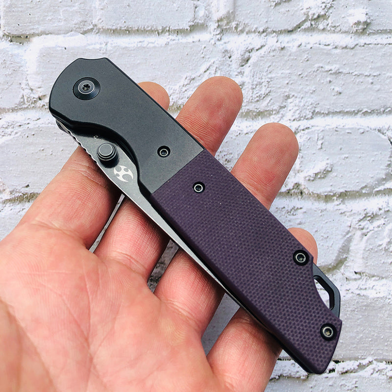 KANSEPT Warrior T1005S6 Black TiCn Coated and Stonewashed Drop Point D2 Blade Black Anodized Aluminum Bolster +Purple  G10 Handle with Kim Ning Design